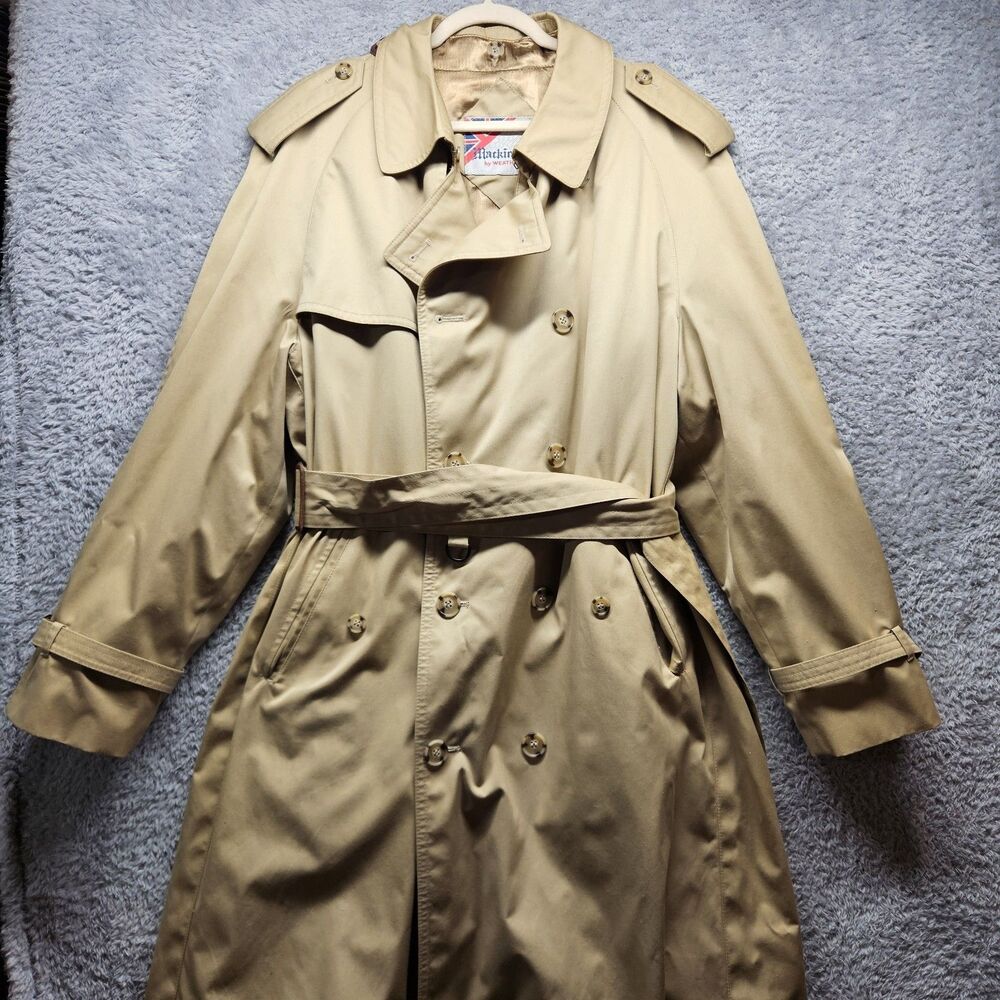 Mackintosh Weather Fair Mens Tan Trench Coat Size 44 Long Wool Liner Career